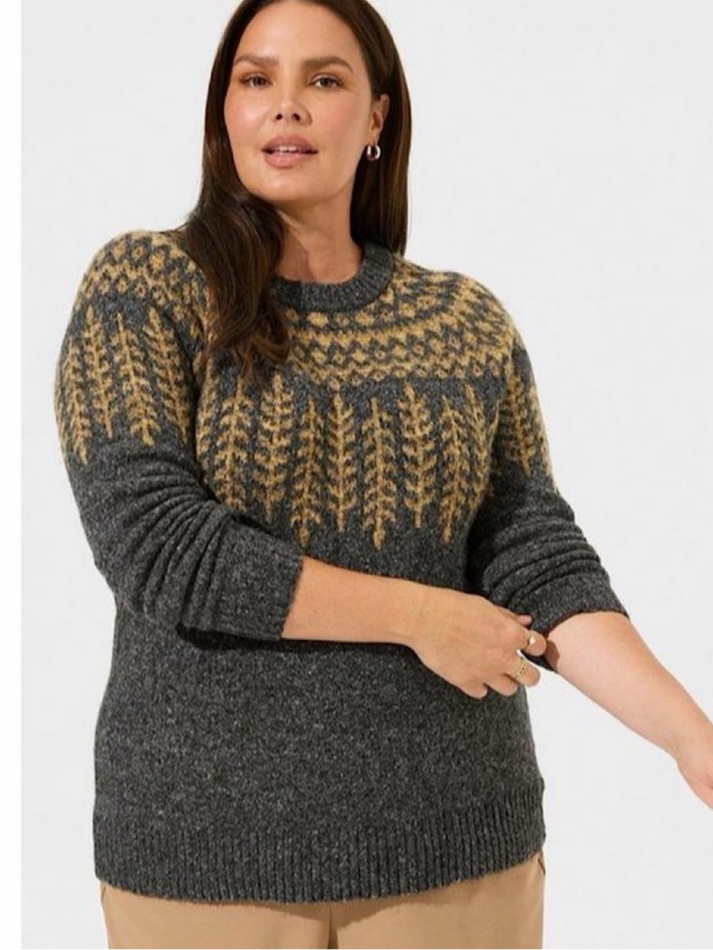 Torrid Vegan Cashmere Charcoal Gray & Gold Patterned Crewneck Sweater